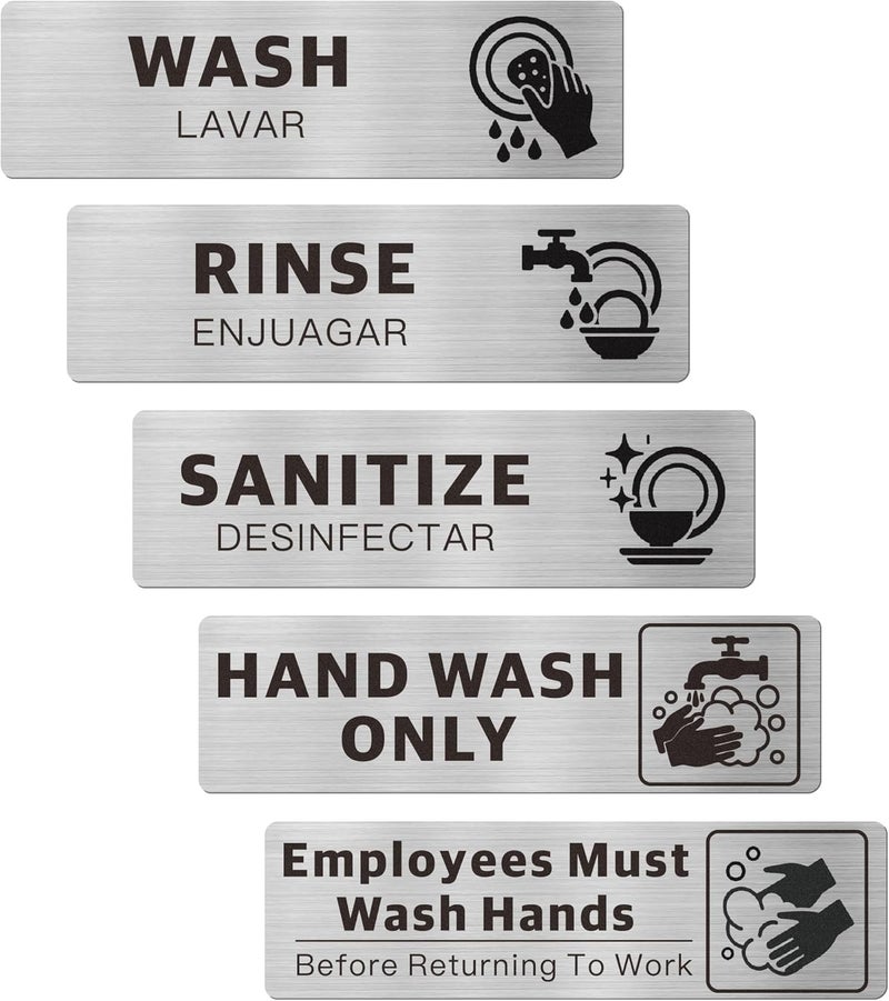 EliteSign 5PK Wash Rinse Sanitize Sink Labels, Hand Wash Only & Employees Must Wash Hands Signs, Bilingual Brushed Aluminum, Waterproof Peel and Stick for Commercial Kitchens Food Trucks, 7x2 Dishwashing Styles - Image 1